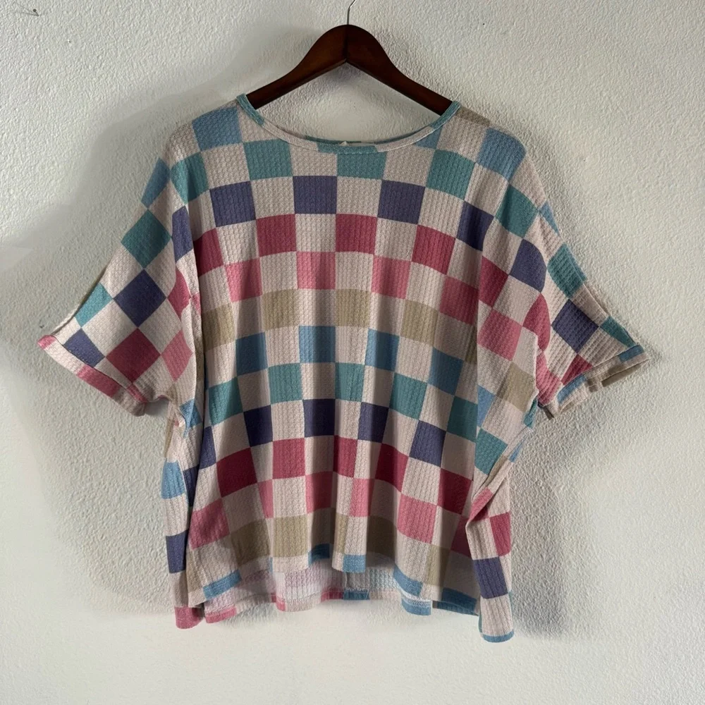 Cozycore Hopely Pastel Checkerboard Waffle Knit Oversized Top Large Cottagecore - Picture 11 of 12